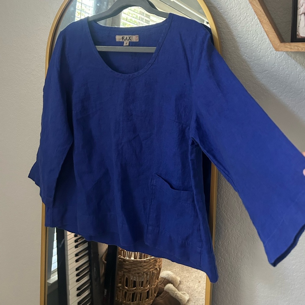 Flax Royal Blue Linen Scoop Neck Blouse